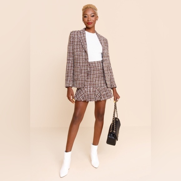 Alya Dresses & Skirts - NWT Tartan Plaid Tweed Mini Skirt Womens Large Metallic Ruffle Drop Waist Frayed